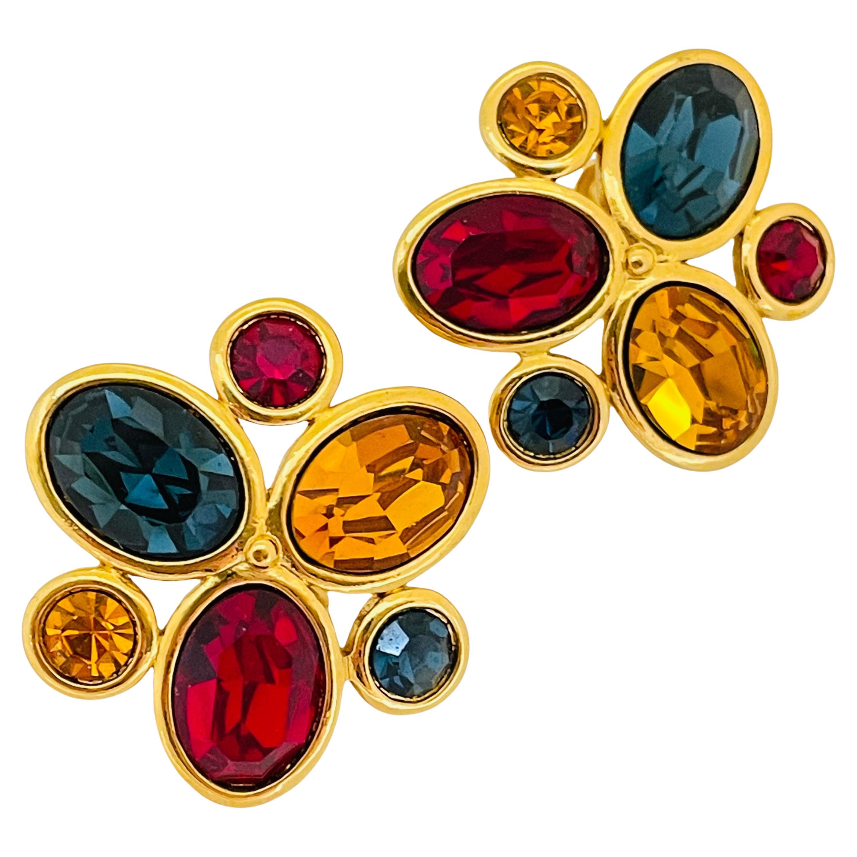 Vintage NAPIER gold glass jewel clip on earrings designer runway