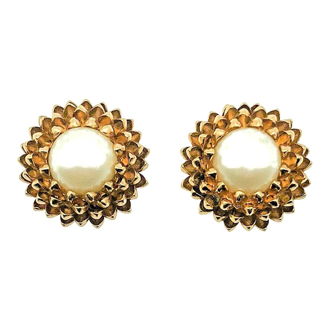 Vintage Napier Gold & Pearl Flower Burst Earrings 1980s