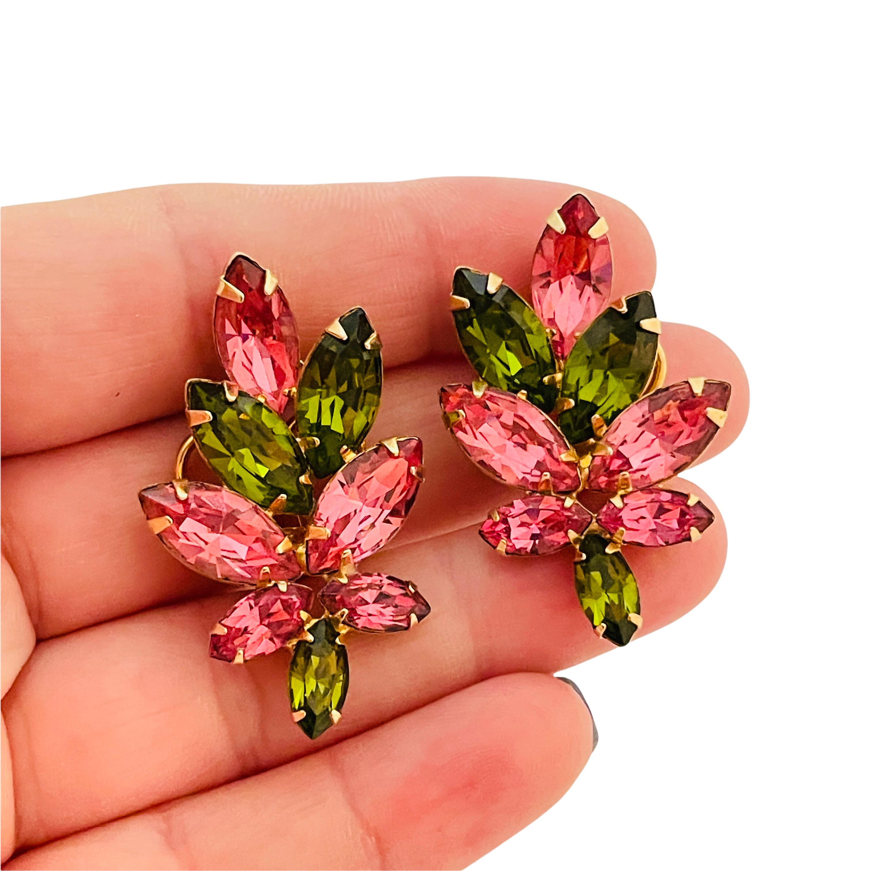 Vintage NAPIER gold pink green navette rhinestone clip one designer earrings In Good Condition For Sale In Palos Hills, IL