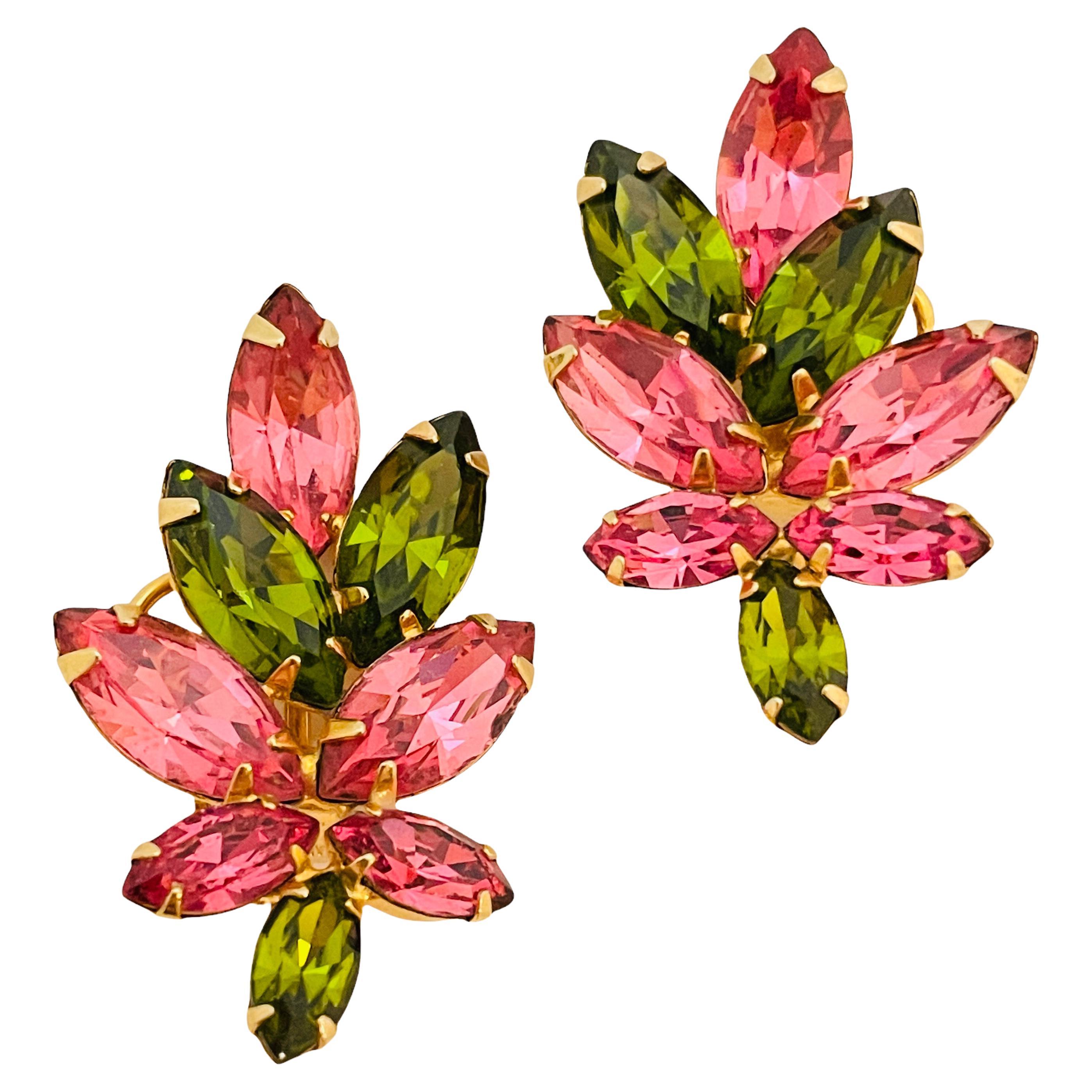 Vintage NAPIER gold pink green navette rhinestone clip one designer earrings
