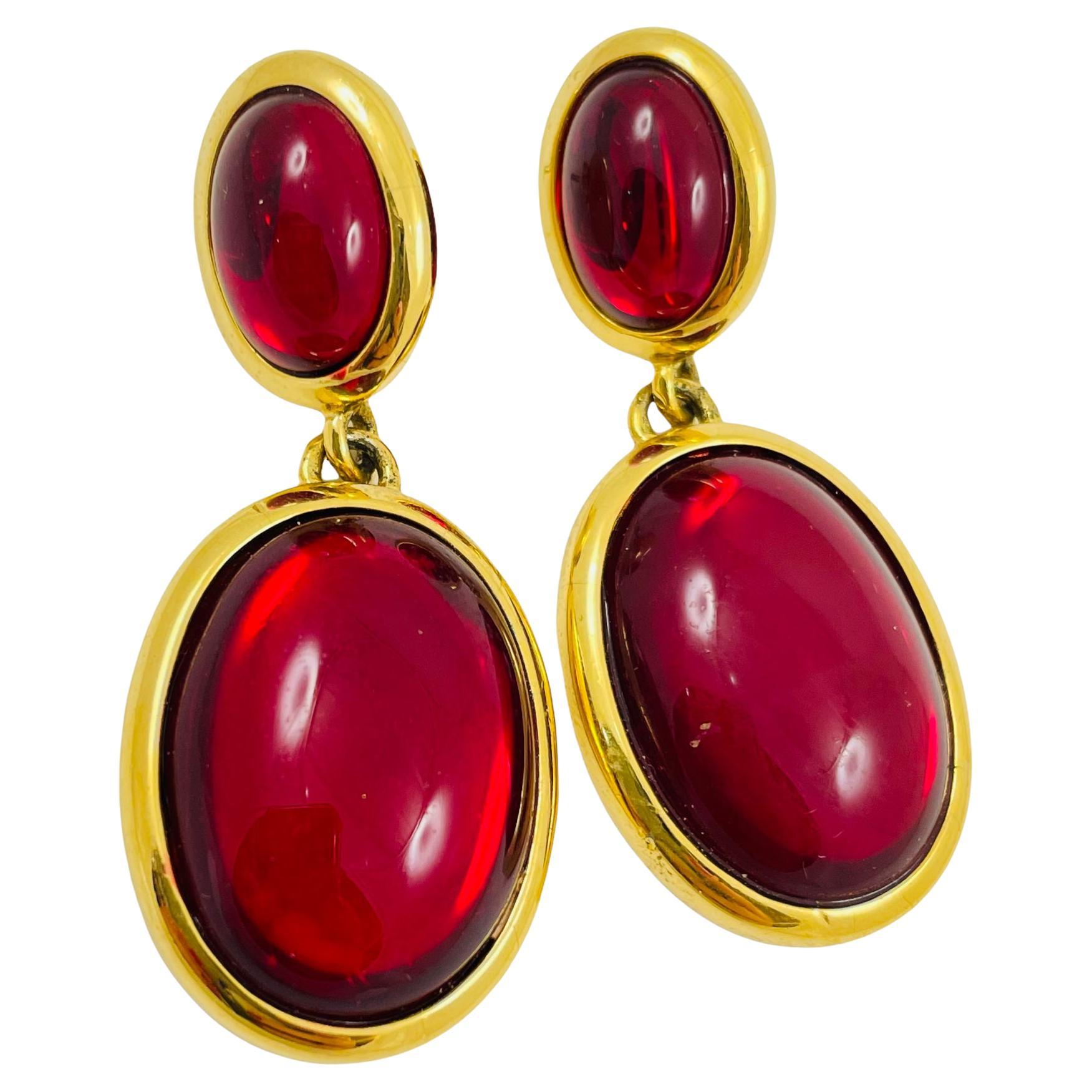 Vintage NAPIER gold red glass designer runway dangle earrings For Sale