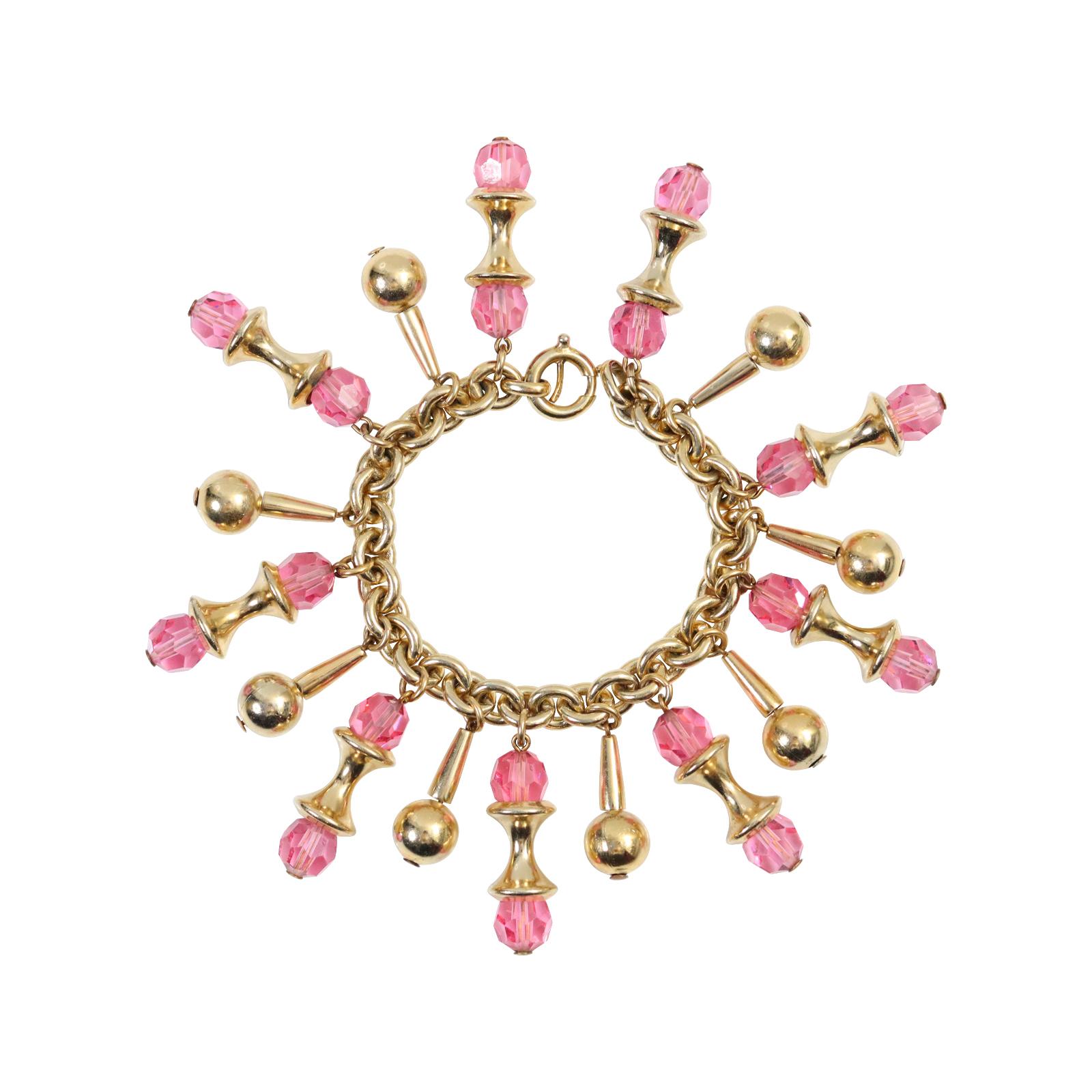 Vintage Napier Gold Tone Dangling Pink Bracelet Circa 1960s 3