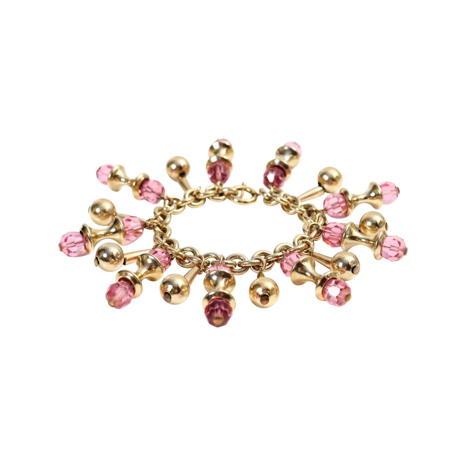 Vintage Napier Gold Tone Dangling Pink Bracelet Circa 1960s 4