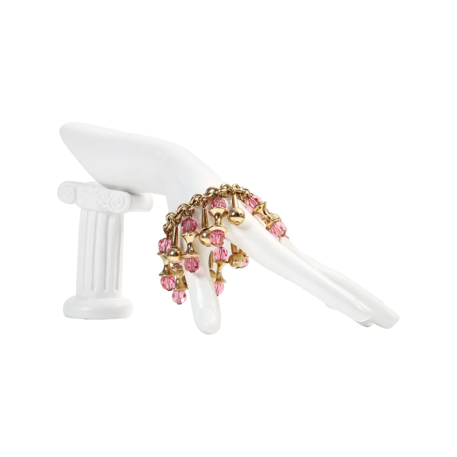 Women's or Men's Vintage Napier Gold Tone Dangling Pink Bracelet Circa 1960s