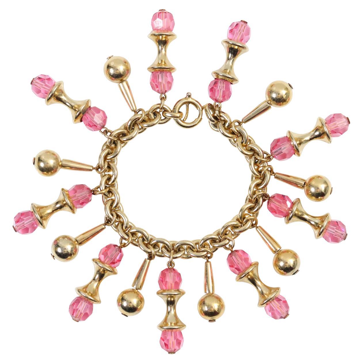 Vintage Napier Gold Tone Dangling Pink Bracelet Circa 1960s 2