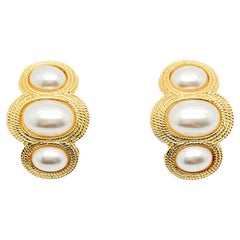 Vintage Napier Huggie Pearl Trio Earrings 1980s