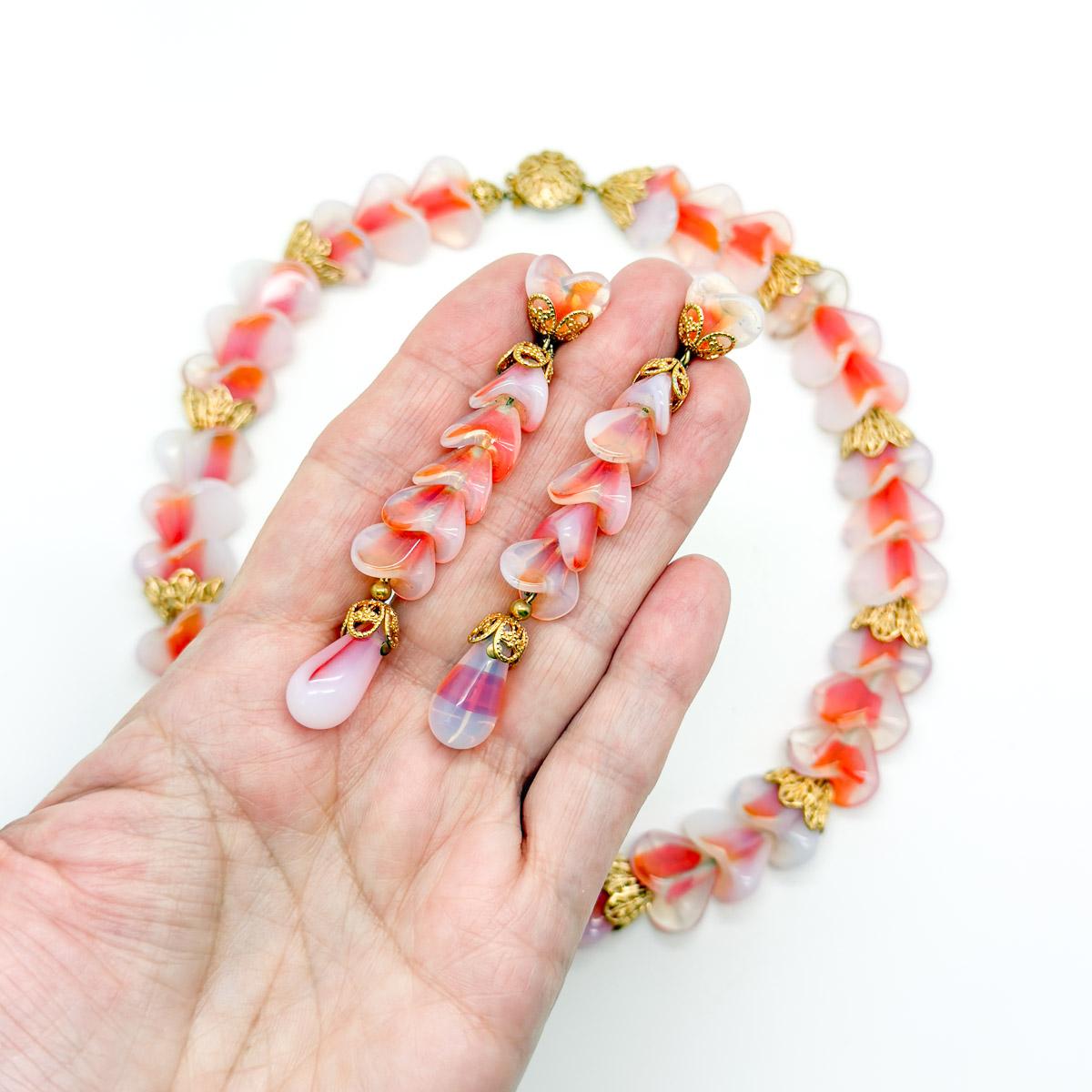 Vintage Napier Opaline Art Glass Necklace & Earring Set 1950s For Sale 2