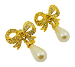 Vintage NAPIER signiert Bogen Gold Strass baumeln Perle durchbohrt Ohrringe