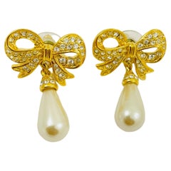 Vintage NAPIER signed bow gold rhinestones dangle pearl pierced earrings
