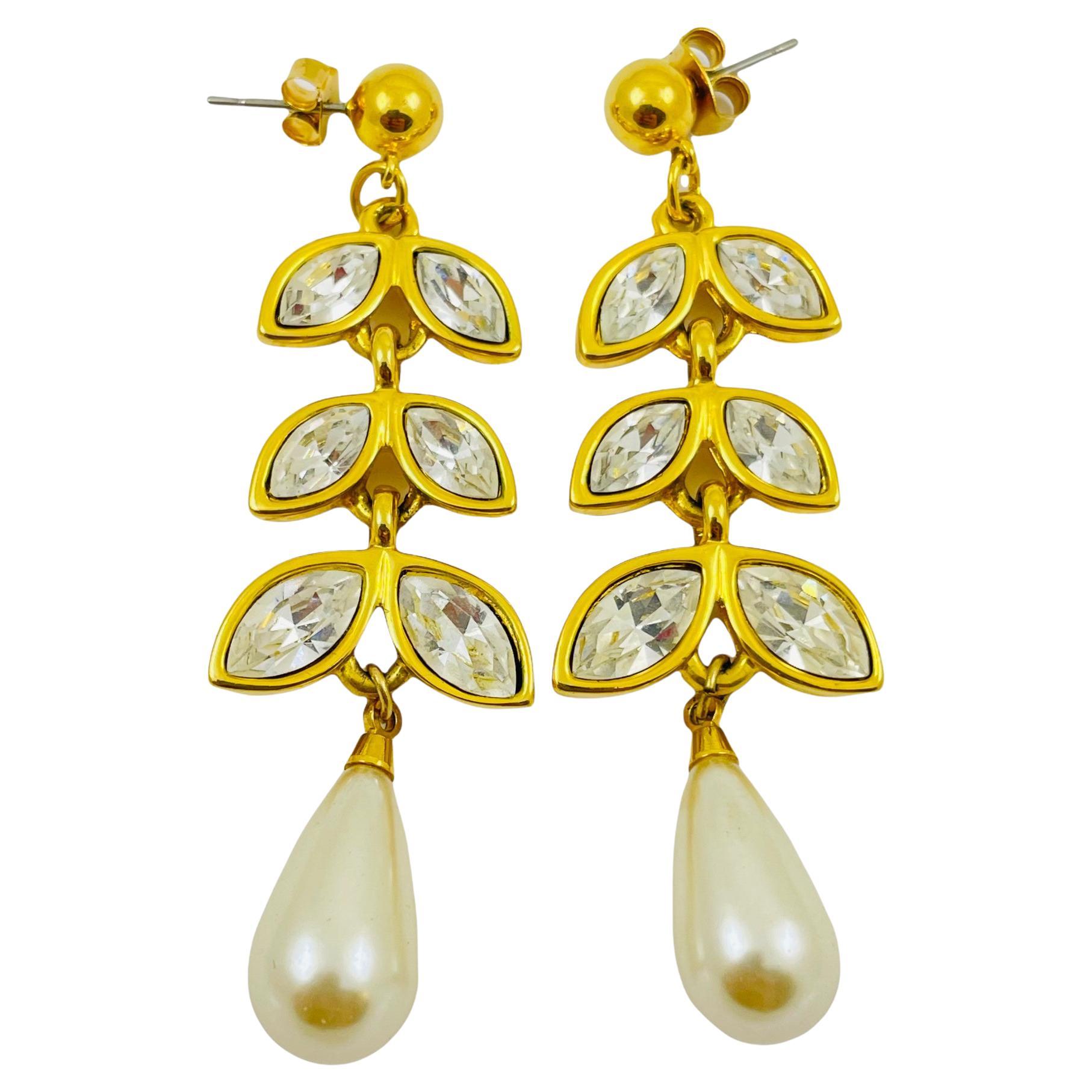 Vintage NAPIER signed gold clear glass long dangle pearls pierced earrings For Sale