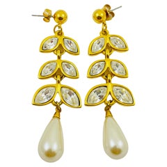 Pendientes vintage NAPIER firmados en oro cristal transparente perlas largas colgantes