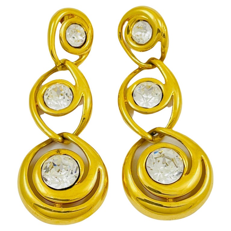 Vintage NAPIER signed gold clear glass long dangle pierced