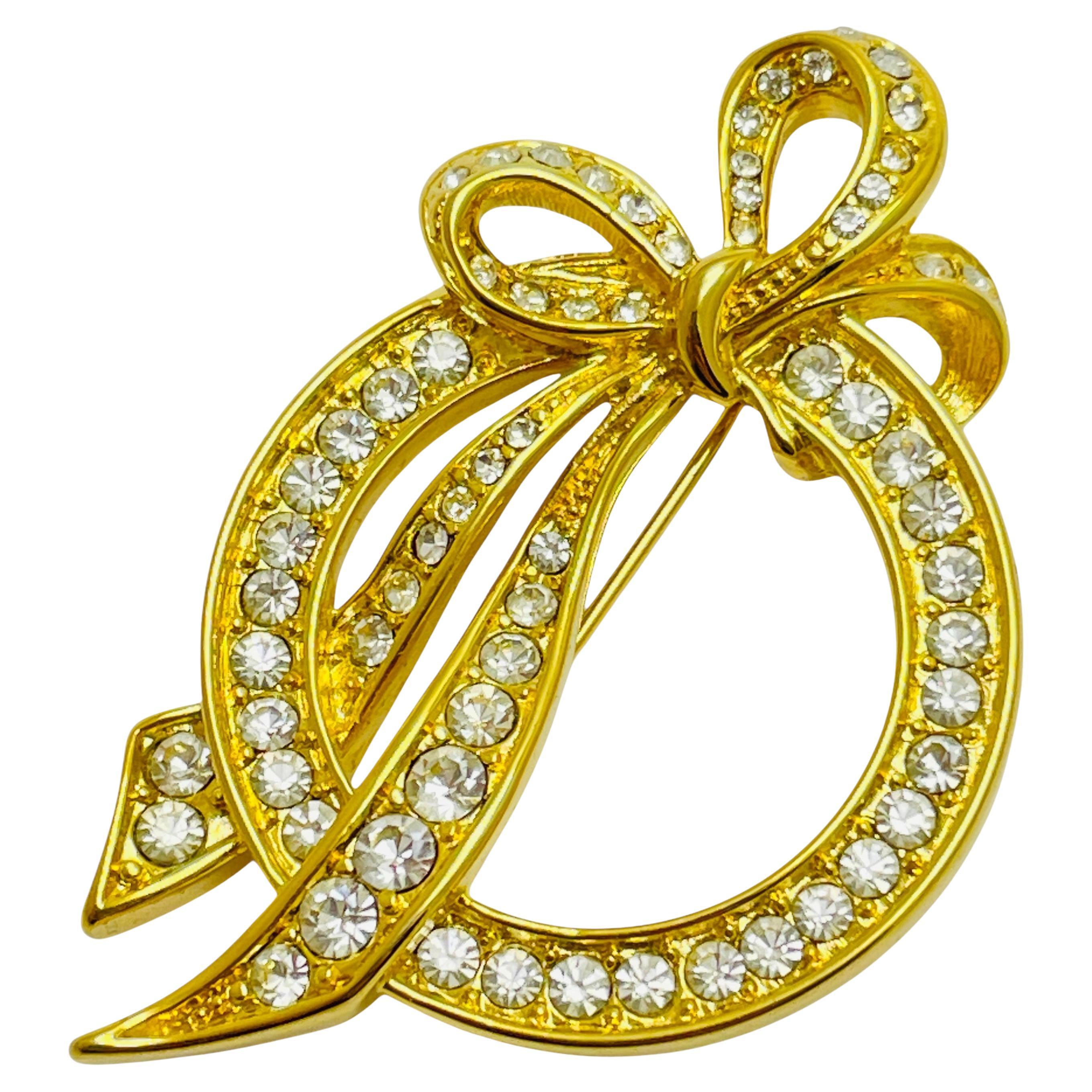 Vintage NAPIER signed gold tone rhinestone bow designer brooch