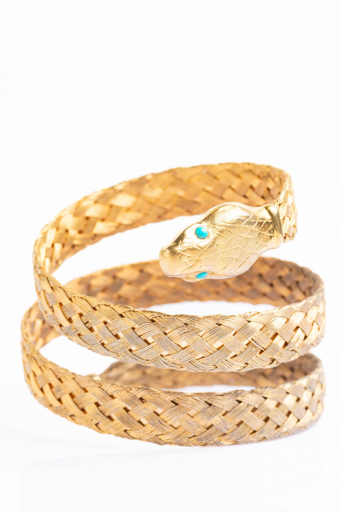Moderniste Vintage Napier Victorian Style Gold Metal Snake Bangle With A Turquoise en vente