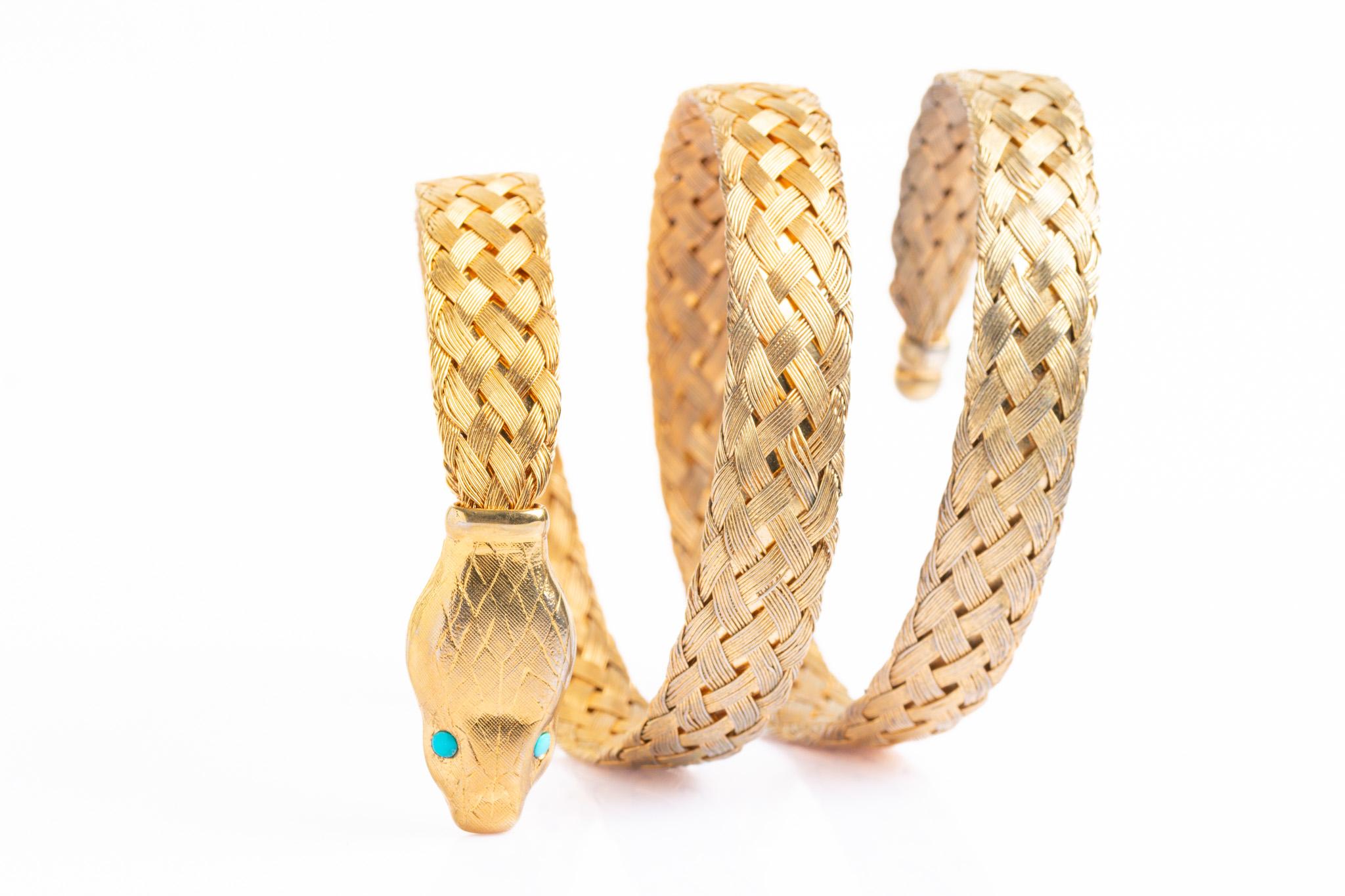 Vintage Napier Victorian Style Gold Metal Snake Bangle With A Turquoise en vente 2