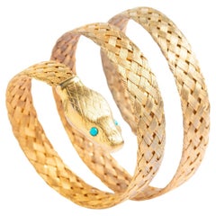 Vintage Napier Victorian Style Gold Metal Snake Bangle With A Turquoise