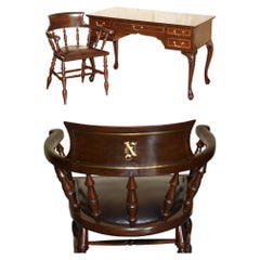 ViNTAGE NAPOLEON HARDWOOD & BRASS INLAID LIBRARY DESK & CAPTAINS OFFICE CHAIR