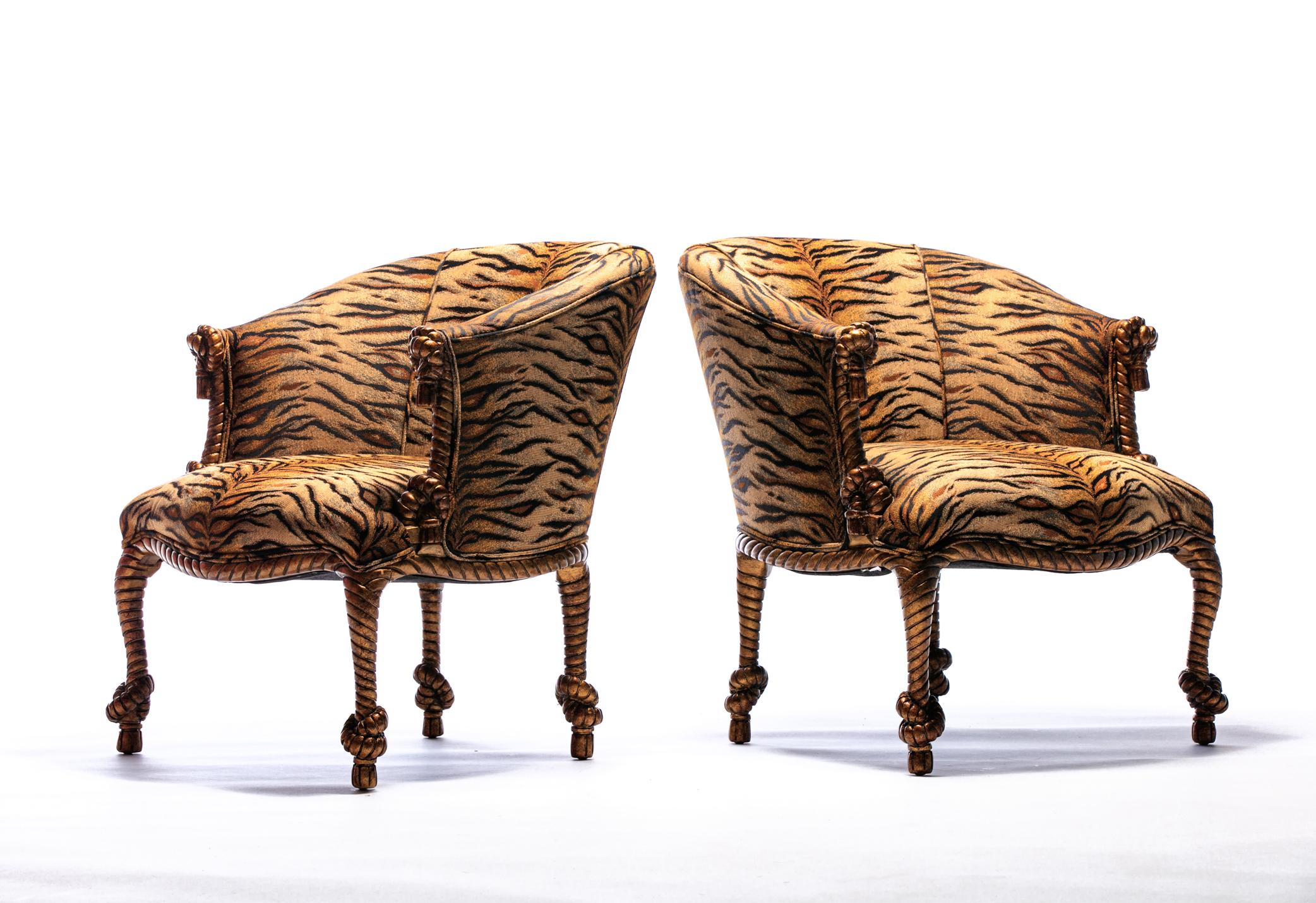 Vintage Napoleon III Style Tiger Gilt Rope and Tassel Carved Armchairs 2