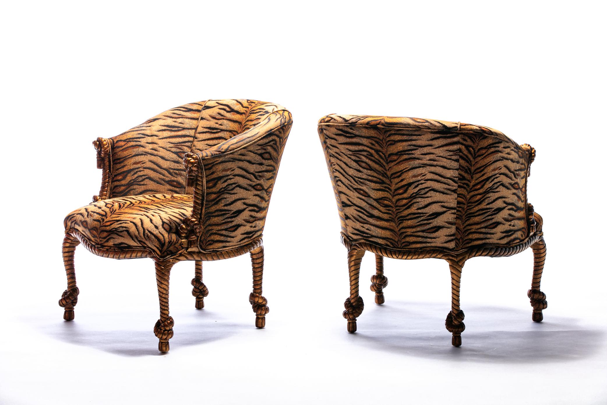Vintage Napoleon III Style Tiger Gilt Rope and Tassel Carved Armchairs 3