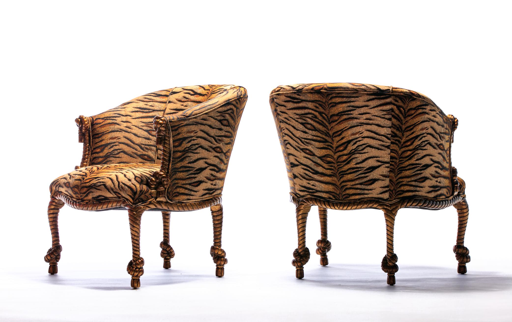 Vintage Napoleon III Style Tiger Gilt Rope and Tassel Carved Armchairs In Good Condition In Saint Louis, MO