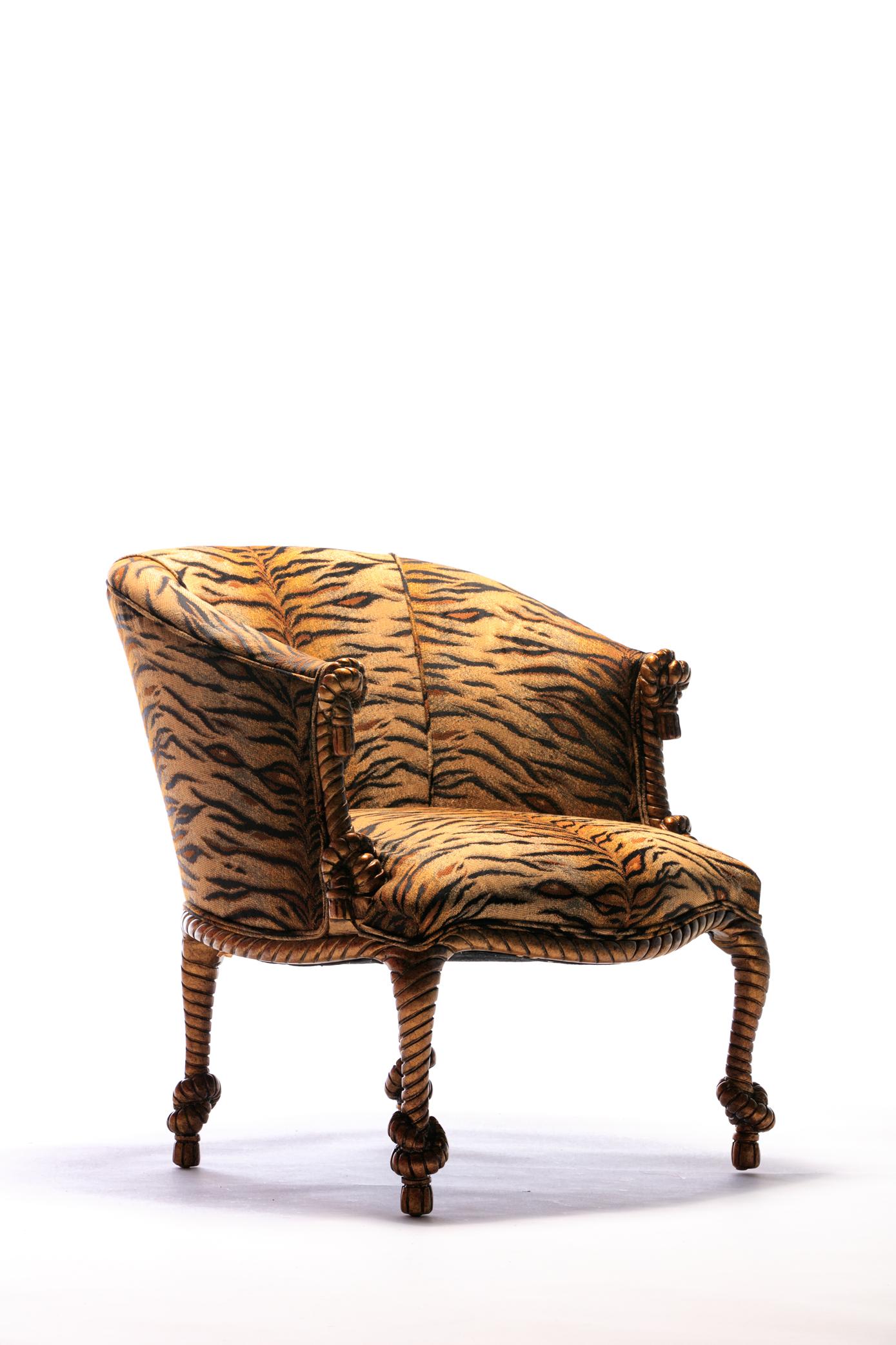 20th Century Vintage Napoleon III Style Tiger Gilt Rope and Tassel Carved Armchairs