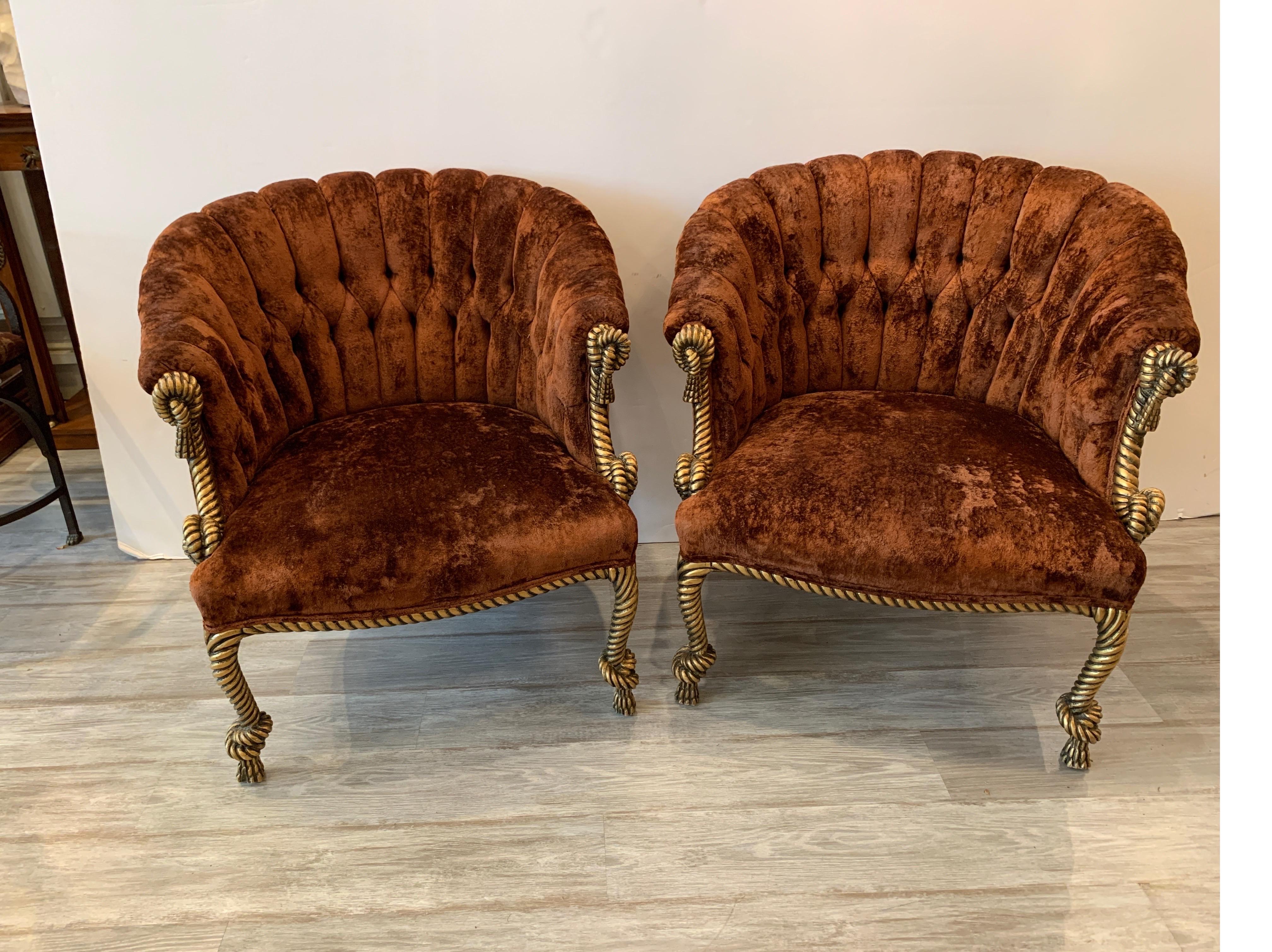 Vintage Napoleon III Style Gilt Twisted Rope and Tassel Carved Armchairs 1