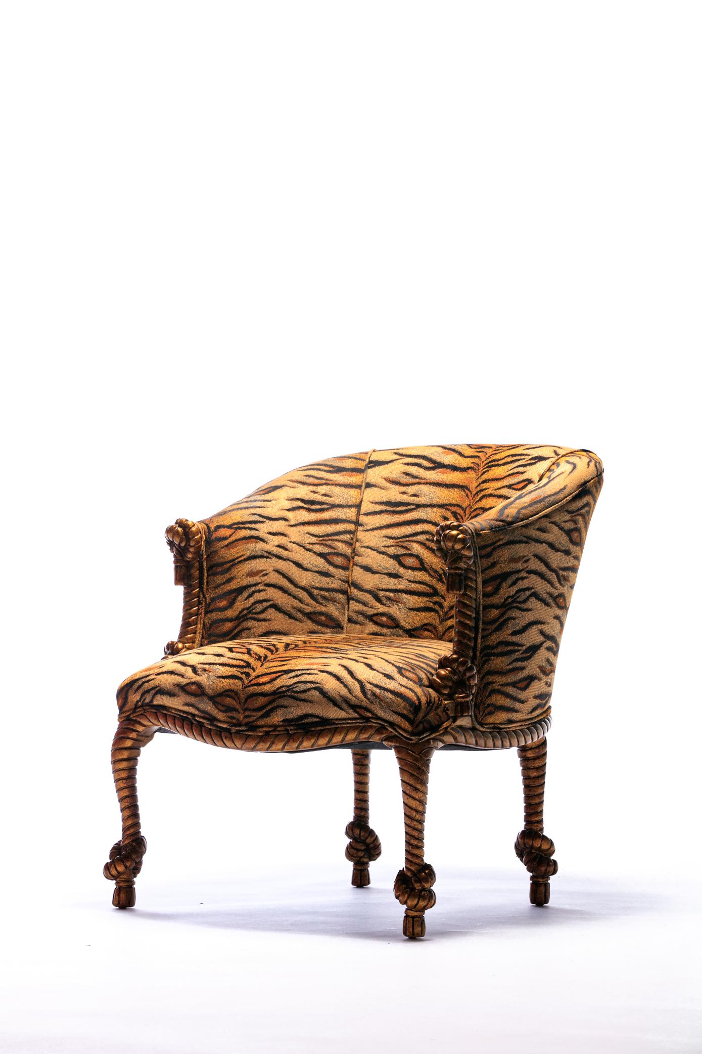 Vintage Napoleon III Style Tiger Gilt Rope and Tassel Carved Armchairs 1