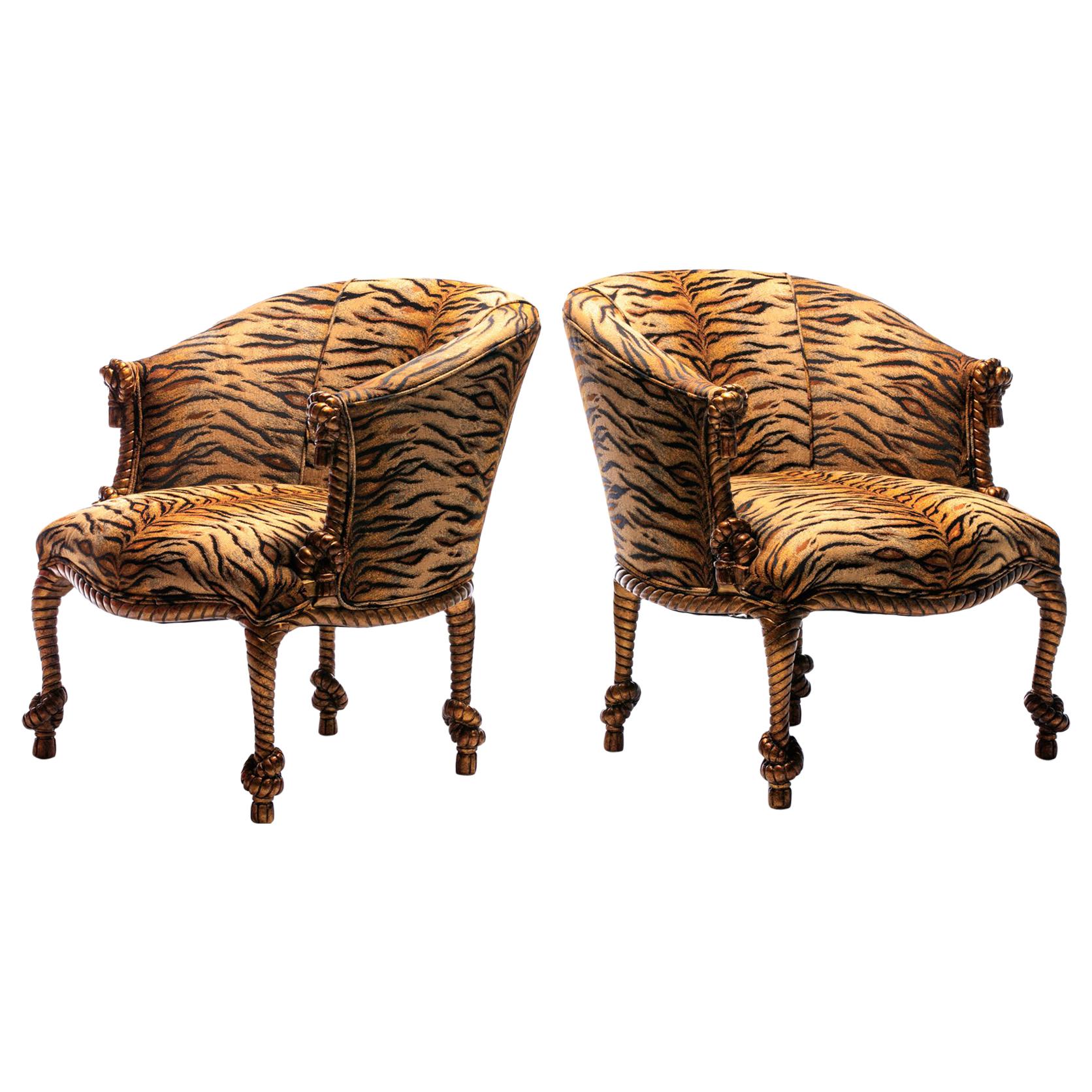 Vintage Napoleon III Style Tiger Gilt Rope and Tassel Carved Armchairs