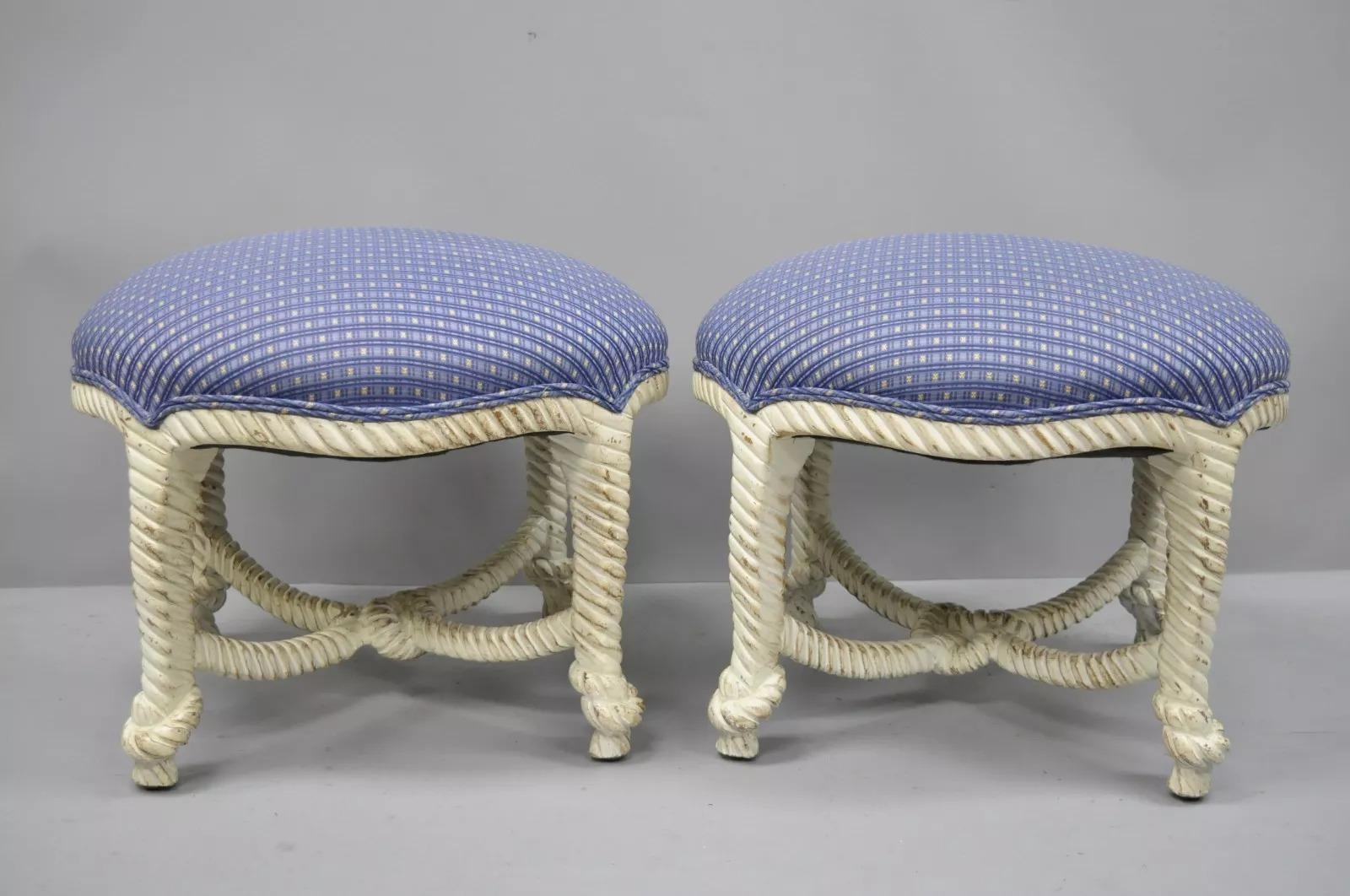 Italian Hollywood Regency White Rope and Knot Carved Wood Pair of Stools in the Napoleon III Style. Item features round seats, carved knot stretcher, rope and knot carved legs, solid wood construction, distressed finish, nicely carved details, great