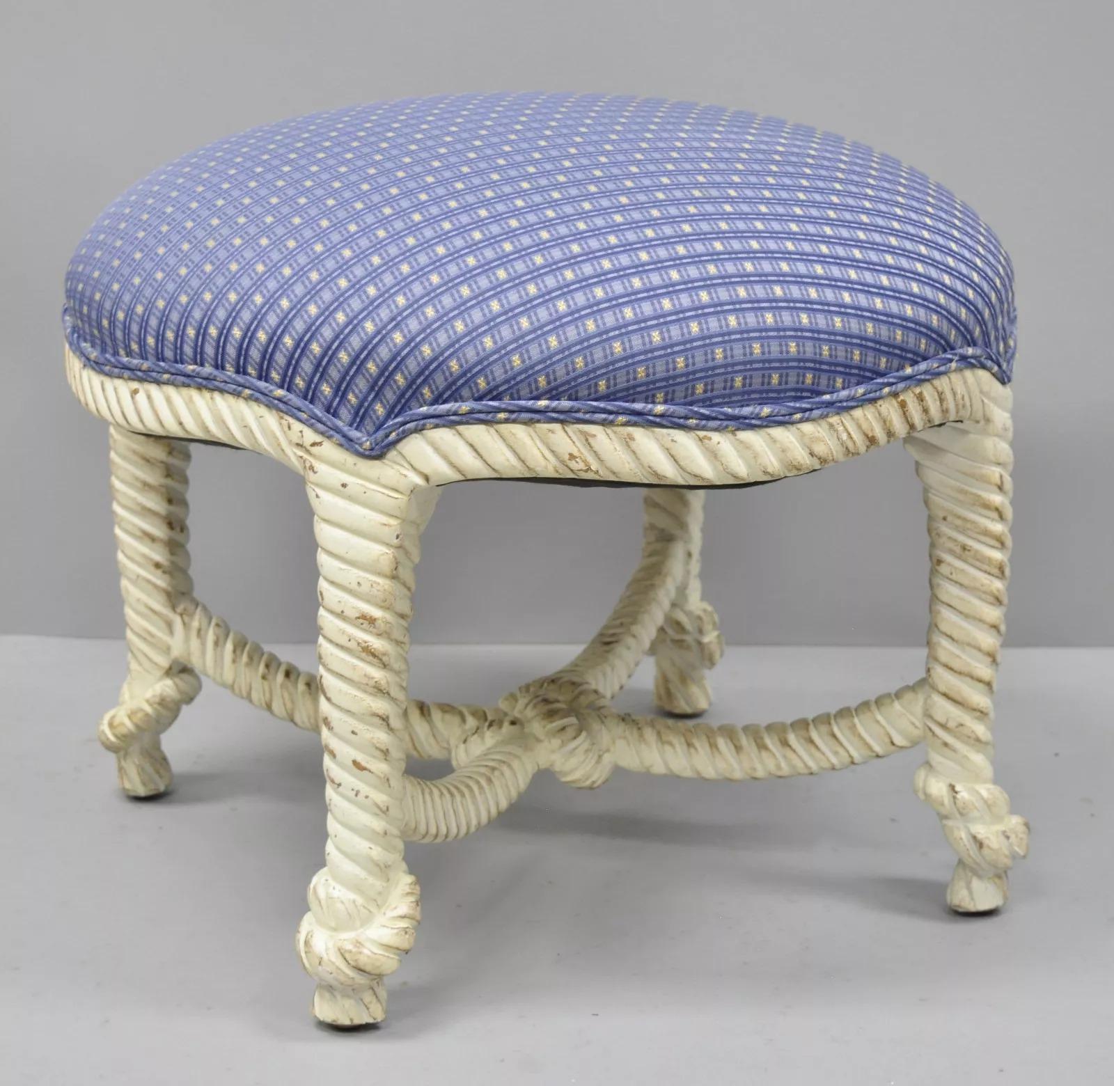 Unknown Vintage Napoleon III Style Hollywood Regency White Rope & Knot Stools - a Pair