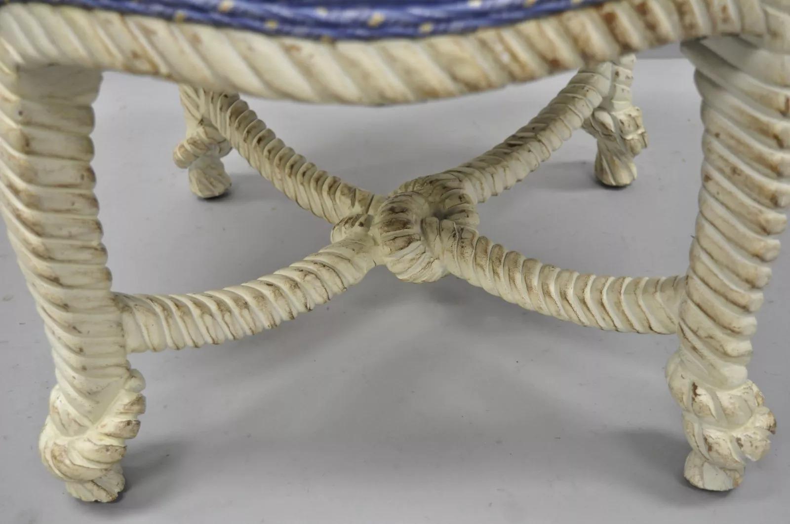 Vintage Napoleon III Style Hollywood Regency White Rope & Knot Stools - a Pair In Good Condition In Philadelphia, PA