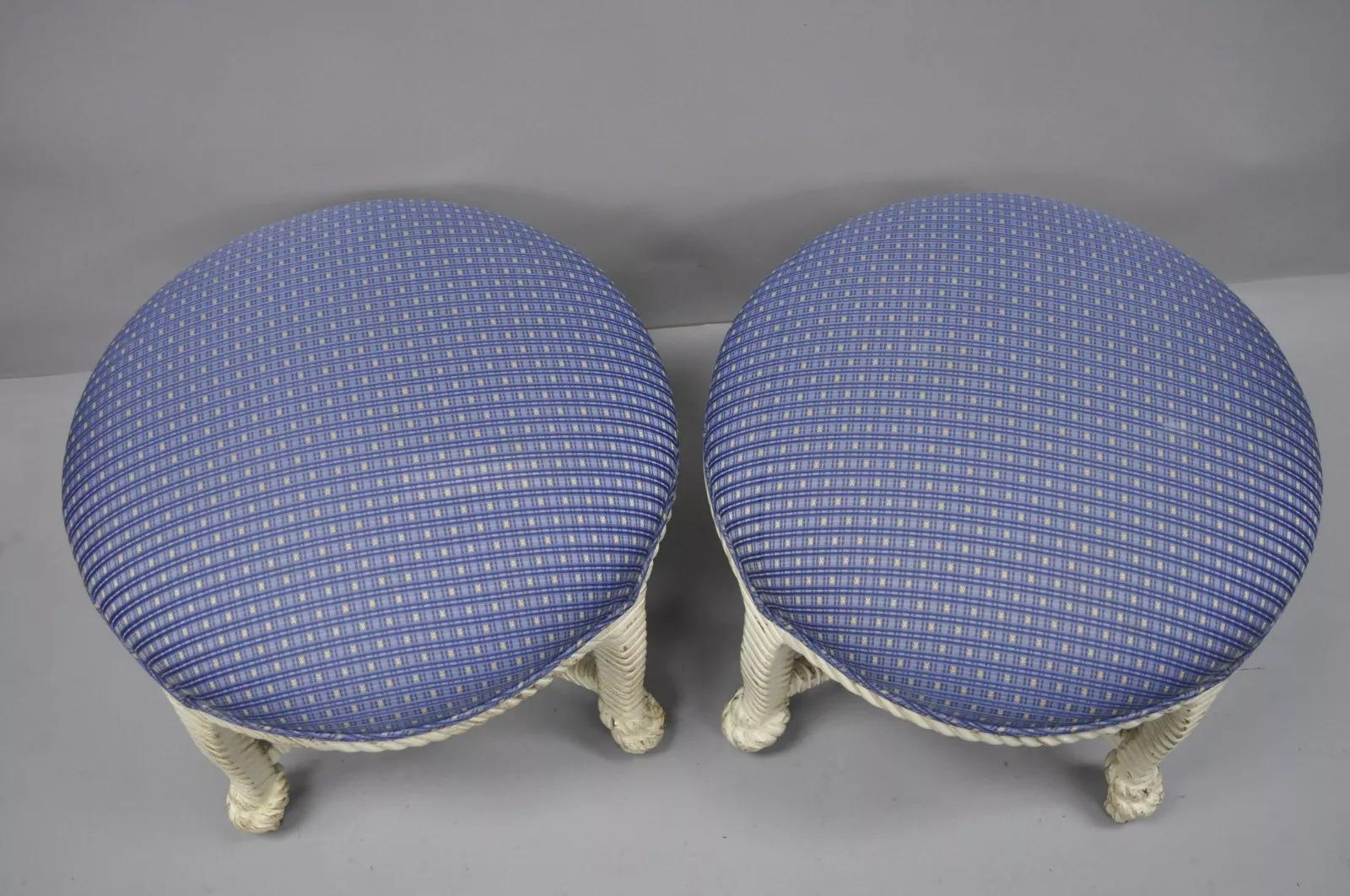 20th Century Vintage Napoleon III Style Hollywood Regency White Rope & Knot Stools - a Pair