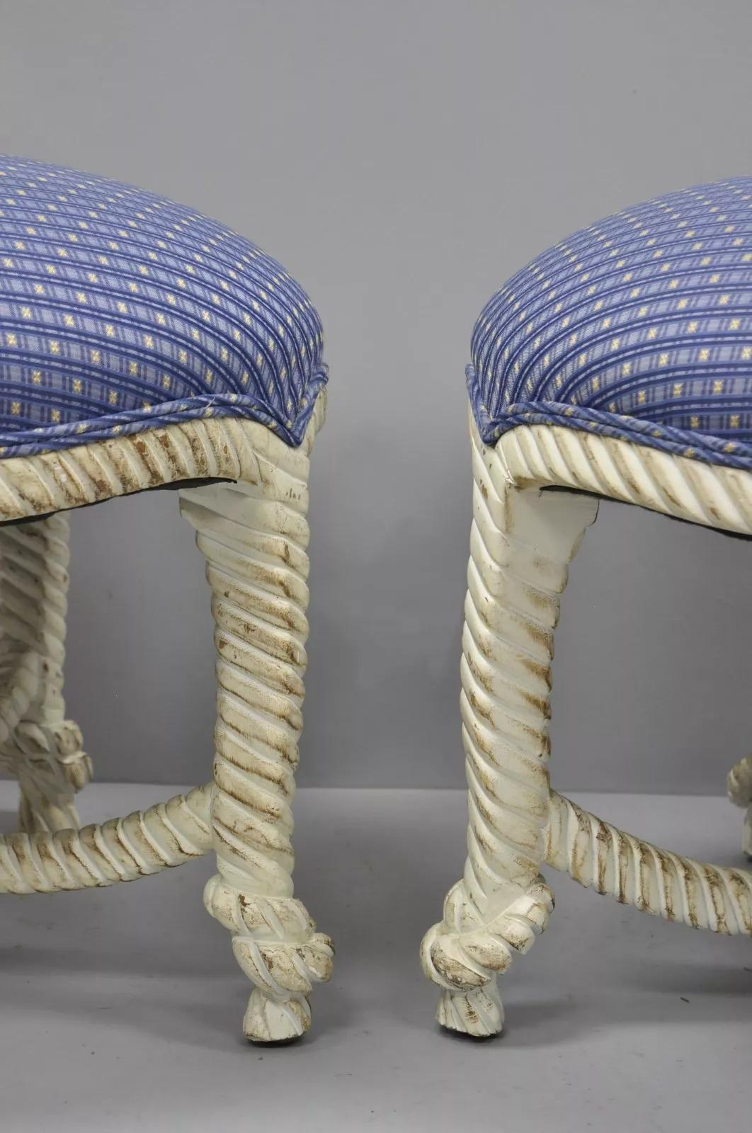 Fabric Vintage Napoleon III Style Hollywood Regency White Rope & Knot Stools - a Pair
