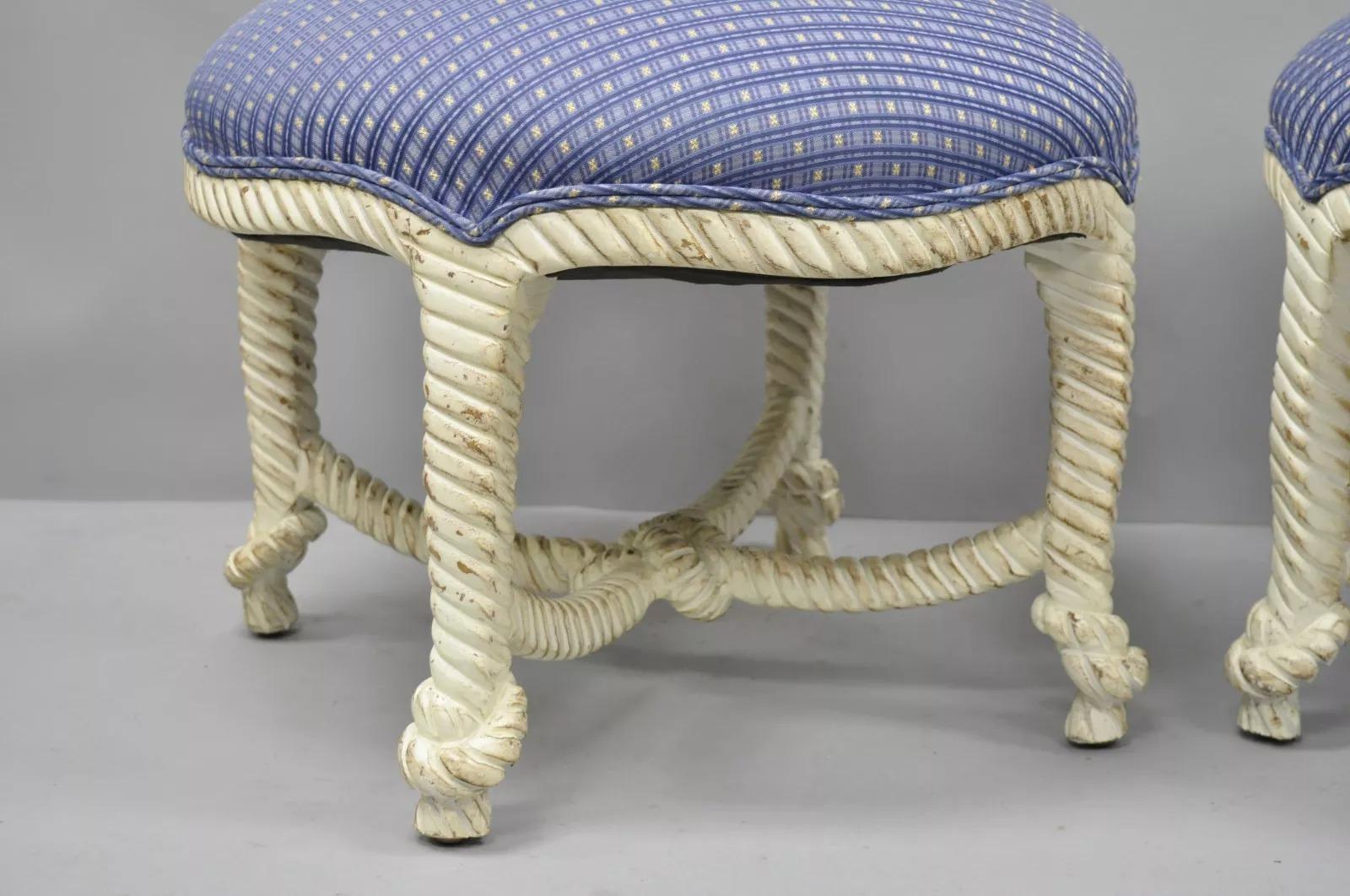 Vintage Napoleon III Style Hollywood Regency White Rope & Knot Stools - a Pair 1