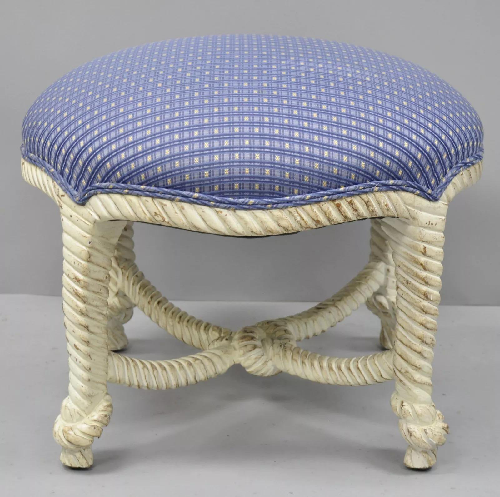 Vintage Napoleon III Style Hollywood Regency White Rope & Knot Stools - a Pair 2