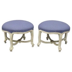Vintage Napoleon III Style Hollywood Regency White Rope & Knot Stools - a Pair
