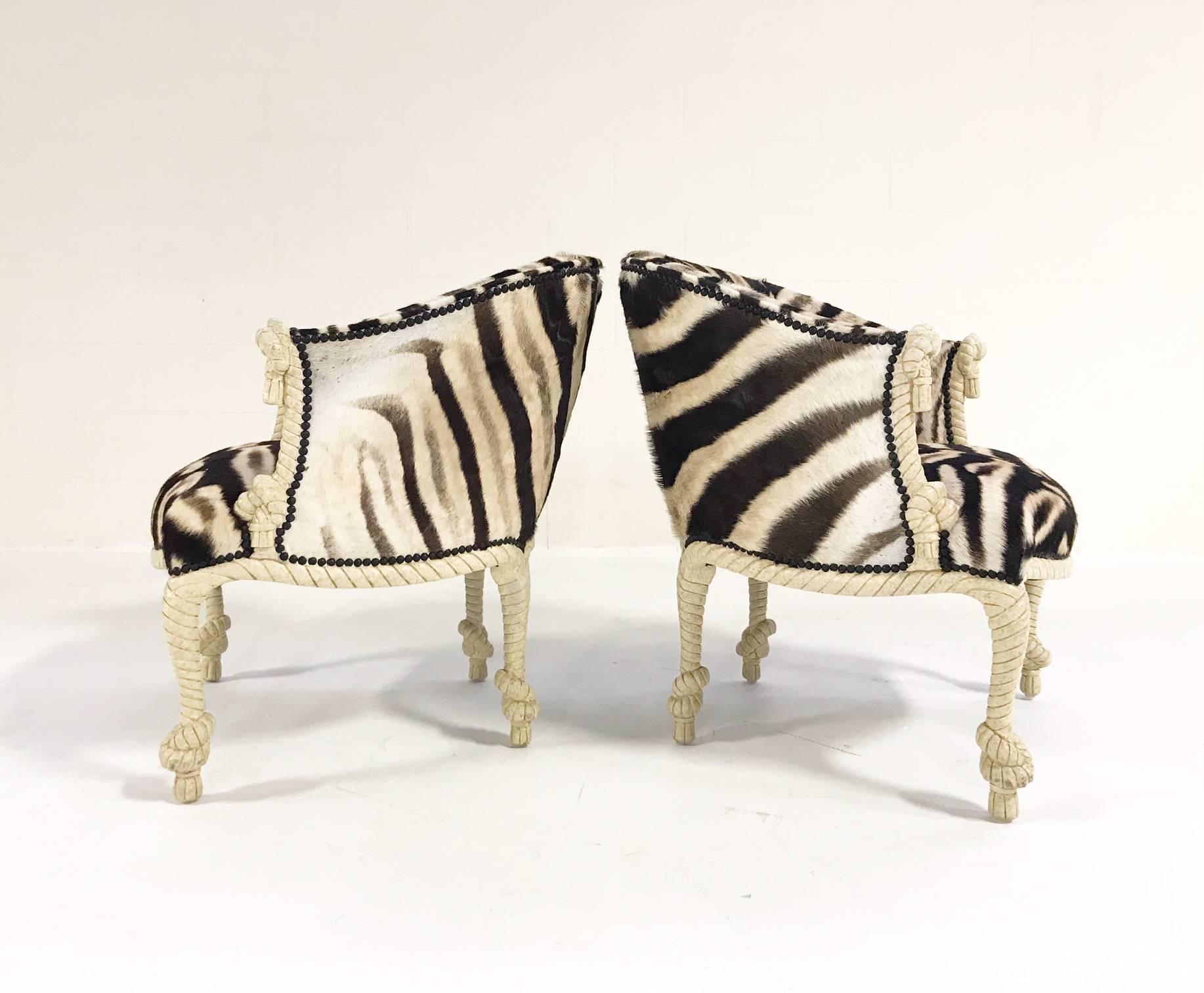 A beautiful pair of carved rope and tassel Napoleon III style painted armchairs. 

The illusion of twisted and knotted rope is often associated with the work of the Parisian upholsterer A. M. E. Fournier, who worked at the Boulevard Beaumarchais,