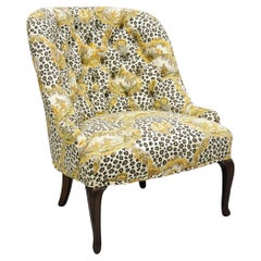 Vintage Napoleon III Tufted Slipper Lounge Chair w/ Leopard Chinoiserie Fabric