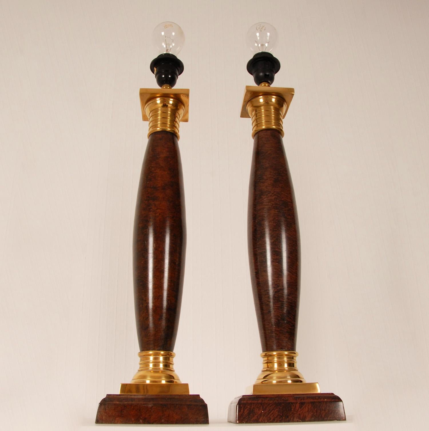 Paire de lampes de bureau à colonne napoléoniennes vintage en bois de rose doré et bronze doré en vente 2