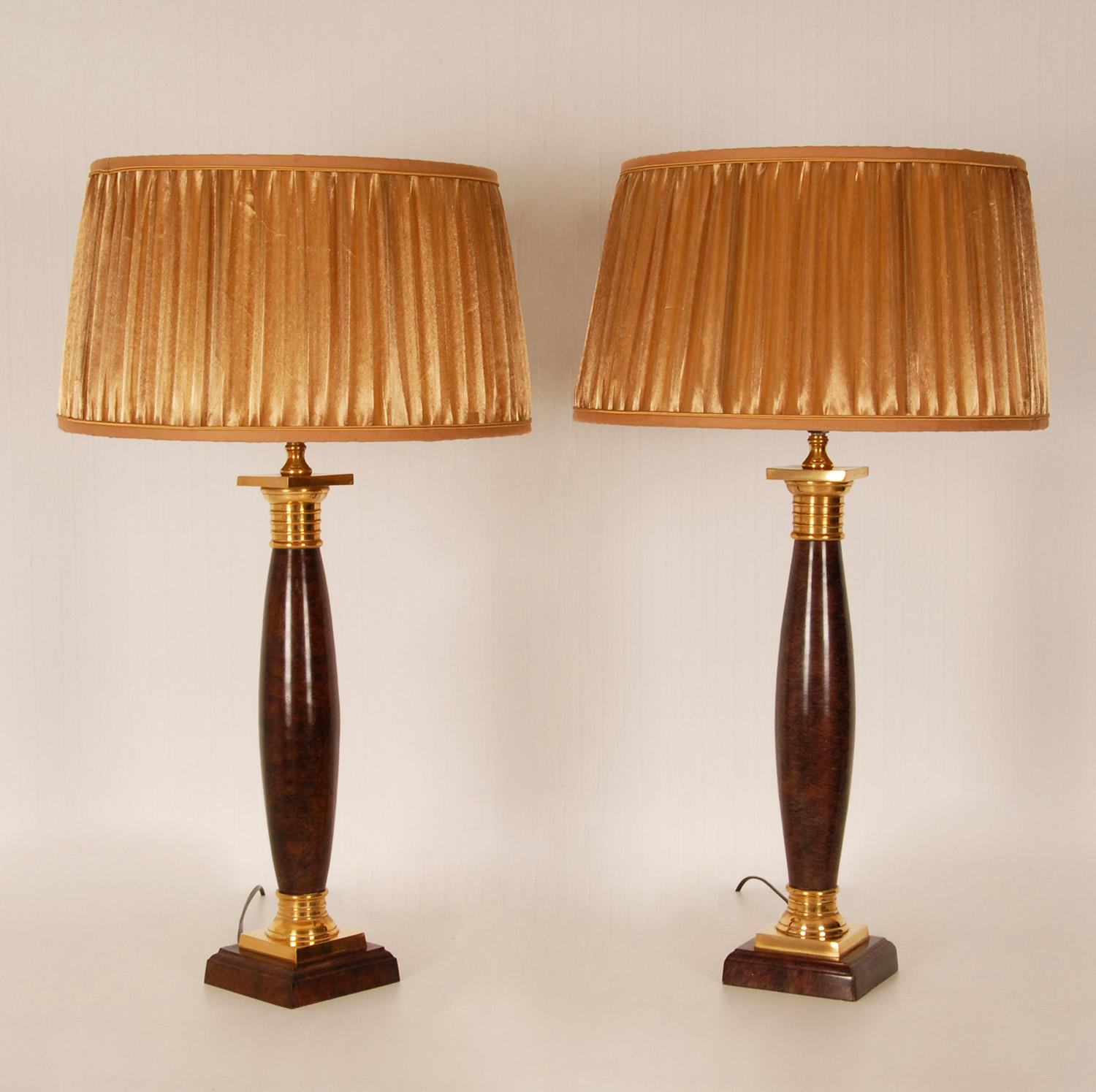 Vintage Napoleonic gold gilded brass and faux rosewood column table lamps
With gold/bronze matching lampshades ( new condition )
Style: Empire, Regency, Neo classical, Napoleonic, Vintage, Antique
Design: In the manner of Caldwell, Chapman
