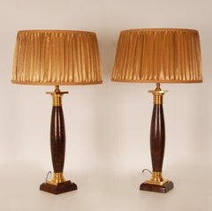 Vintage Napoleonic Column Table Lamps French Rosewood Gold Gilded Bronze, a Pair