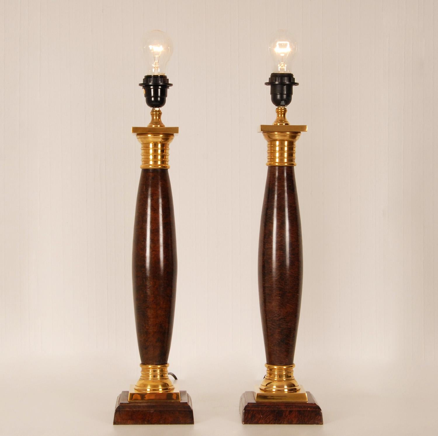 Patinated Vintage Napoleonic Column Table Lamps French Rosewood Gold Gilded Bronze, a Pair For Sale