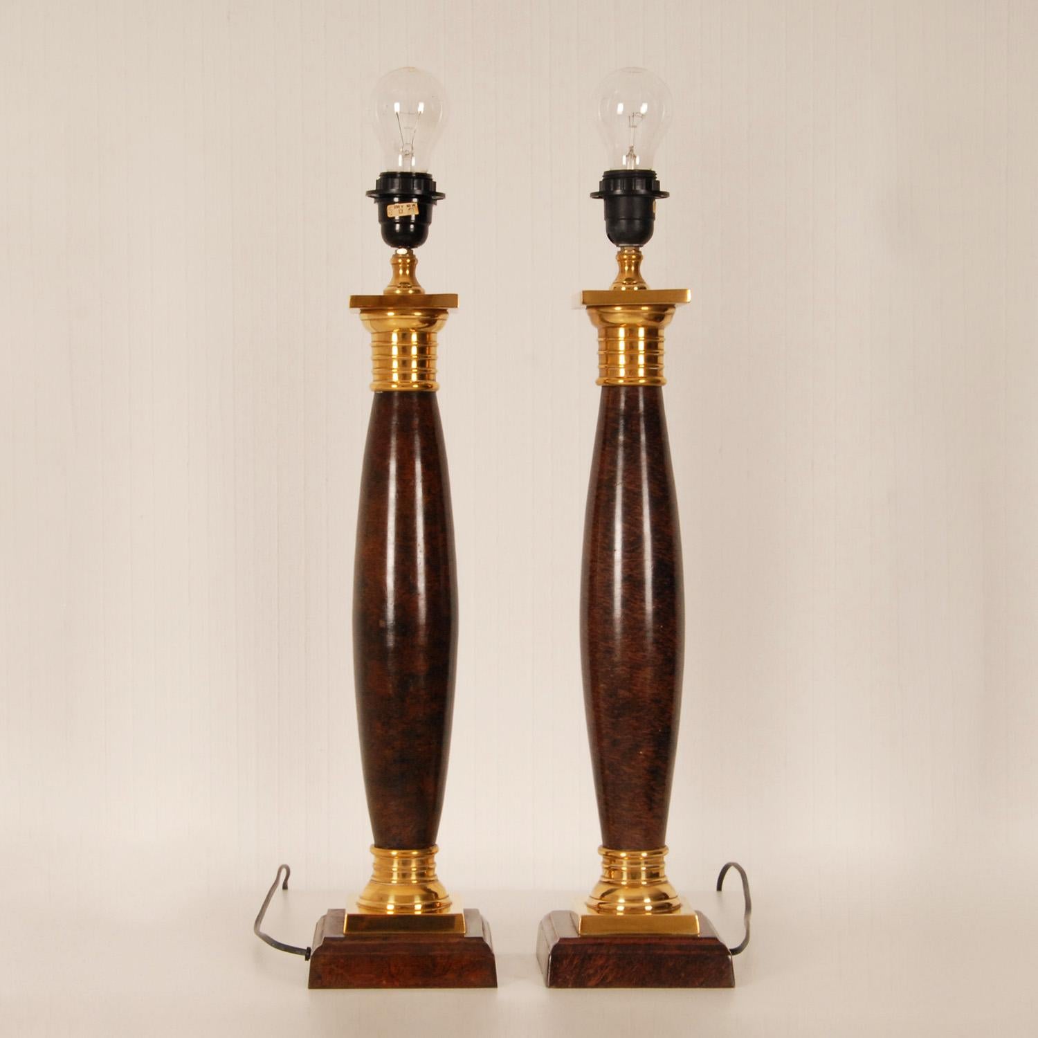 20th Century Vintage Napoleonic Column Table Lamps French Rosewood Gold Gilded Bronze, a Pair For Sale