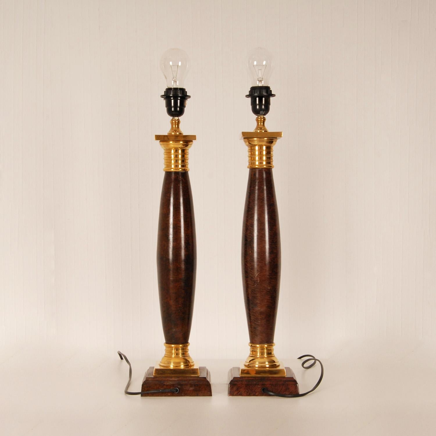 Metal Vintage Napoleonic Column Table Lamps French Rosewood Gold Gilded Bronze, a Pair For Sale