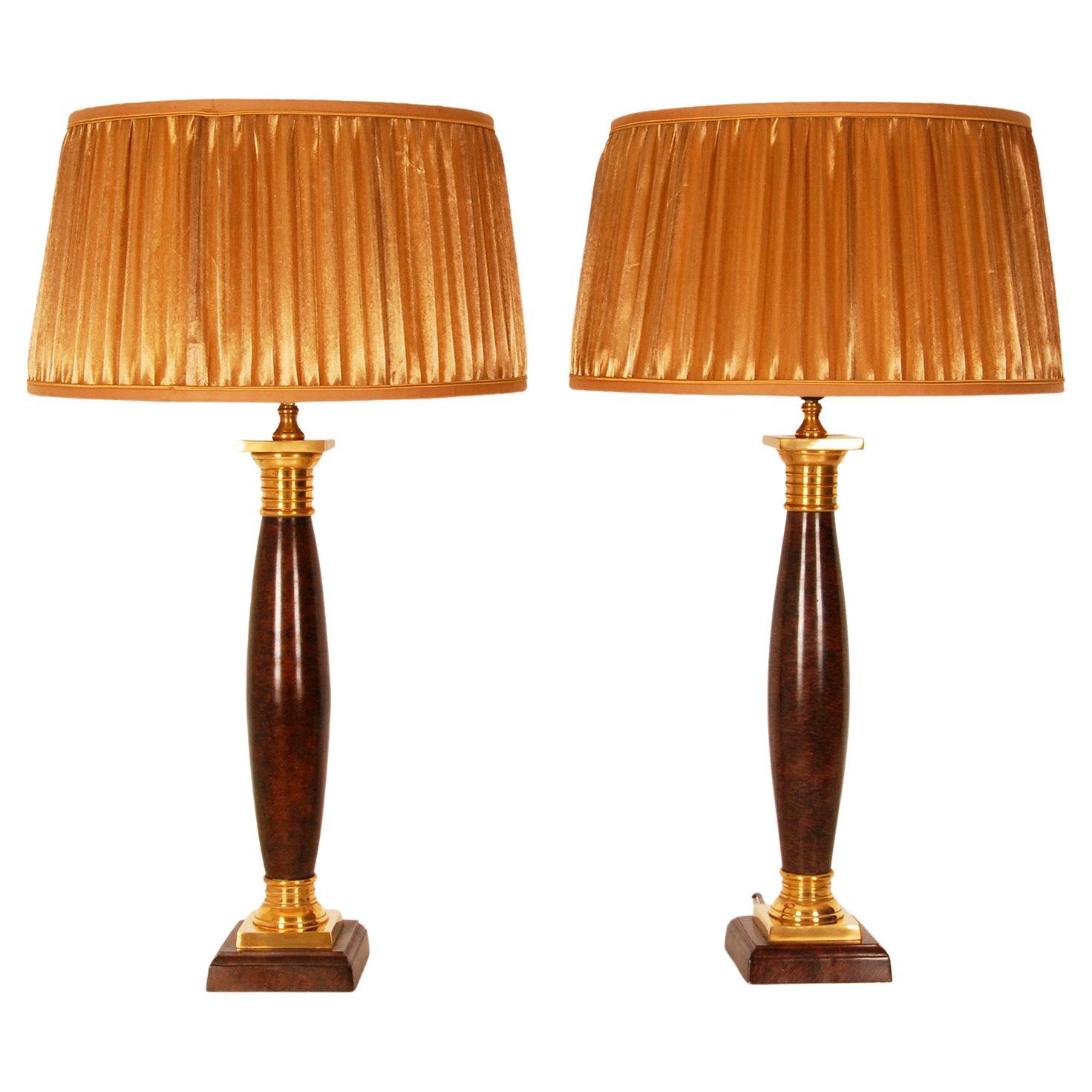 Vintage Napoleonic Column Table Lamps French Rosewood Gold Gilded Bronze, a Pair