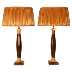 Vintage Napoleonic Column Table Lamps French Rosewood Gold Gilded Bronze, a Pair