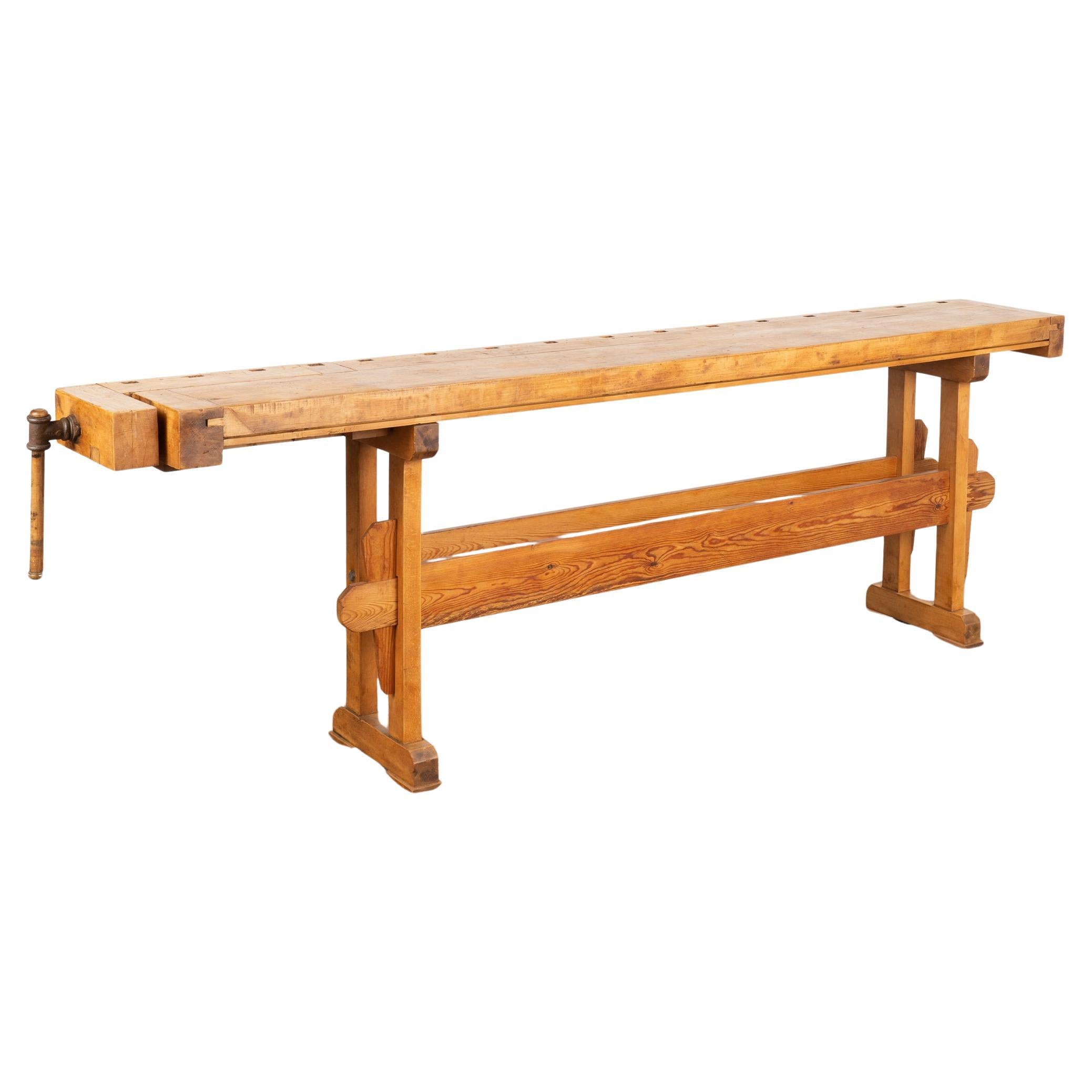 Vintage Narrow Carpenters Workbench Console Table, Denmark circa 1920-40 For Sale