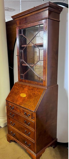 Vintage Narrow Georgian Inlay Mahogany Secretary Desk & Bookcase Secretaire