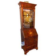 Vintage Narrow Georgian Inlay Mahogany Secretary Desk & Bookcase Secretaire
