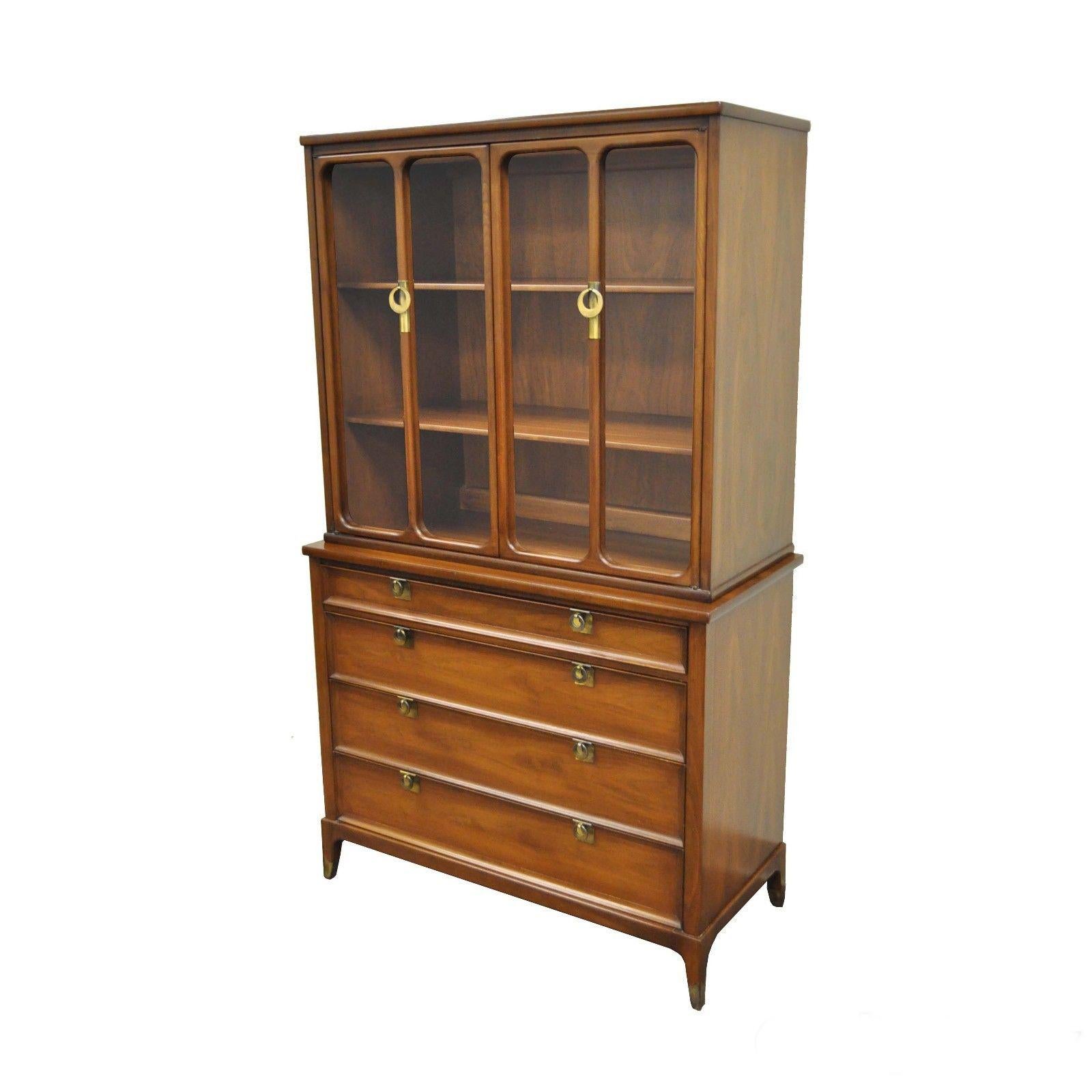 Vintage Narrow Mid-Century Modern White Furniture Walnut Bookcase China Cabinet